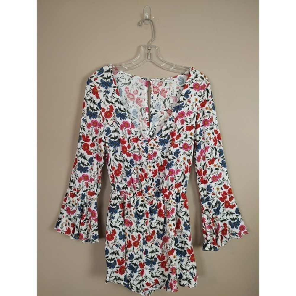 American Eagle Outfitters‎ Floral Bell Sleeve Romper White Red Blue Small